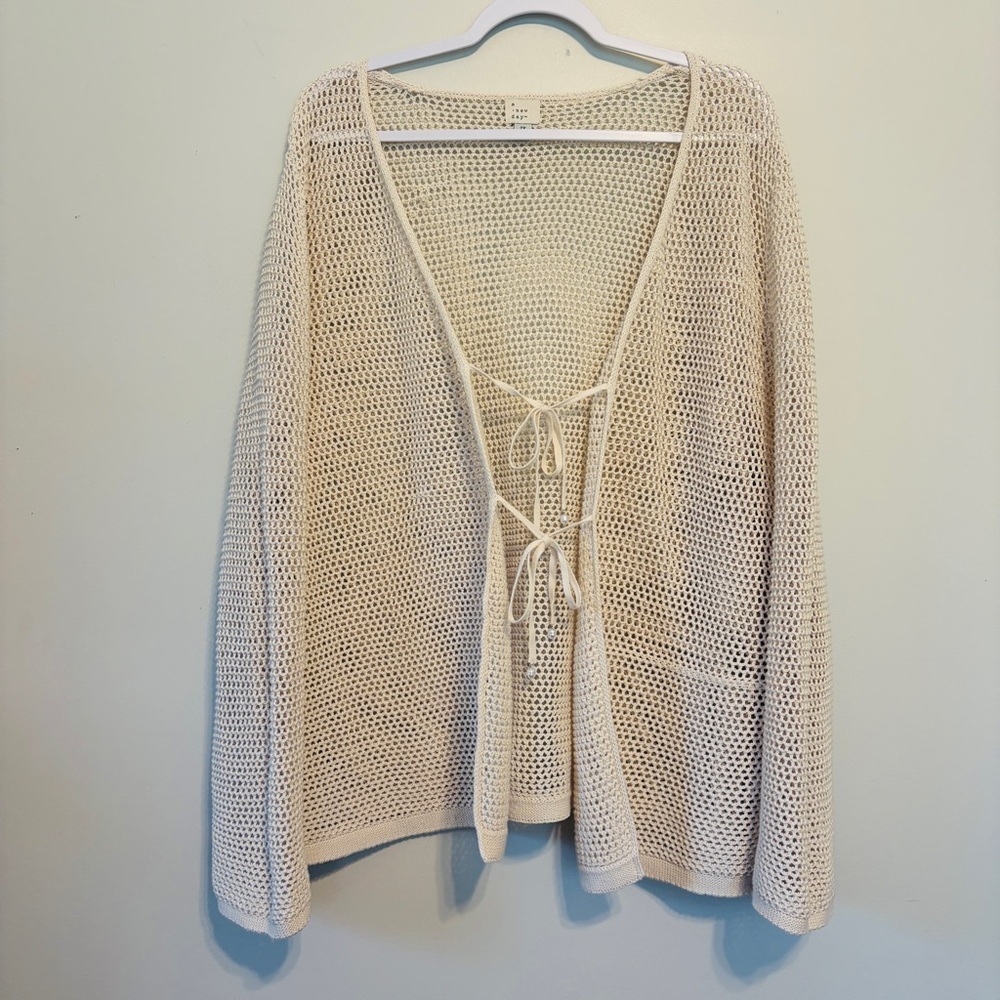 a new day Cream Open-Weave Tie-Front Poncho Cardigan
